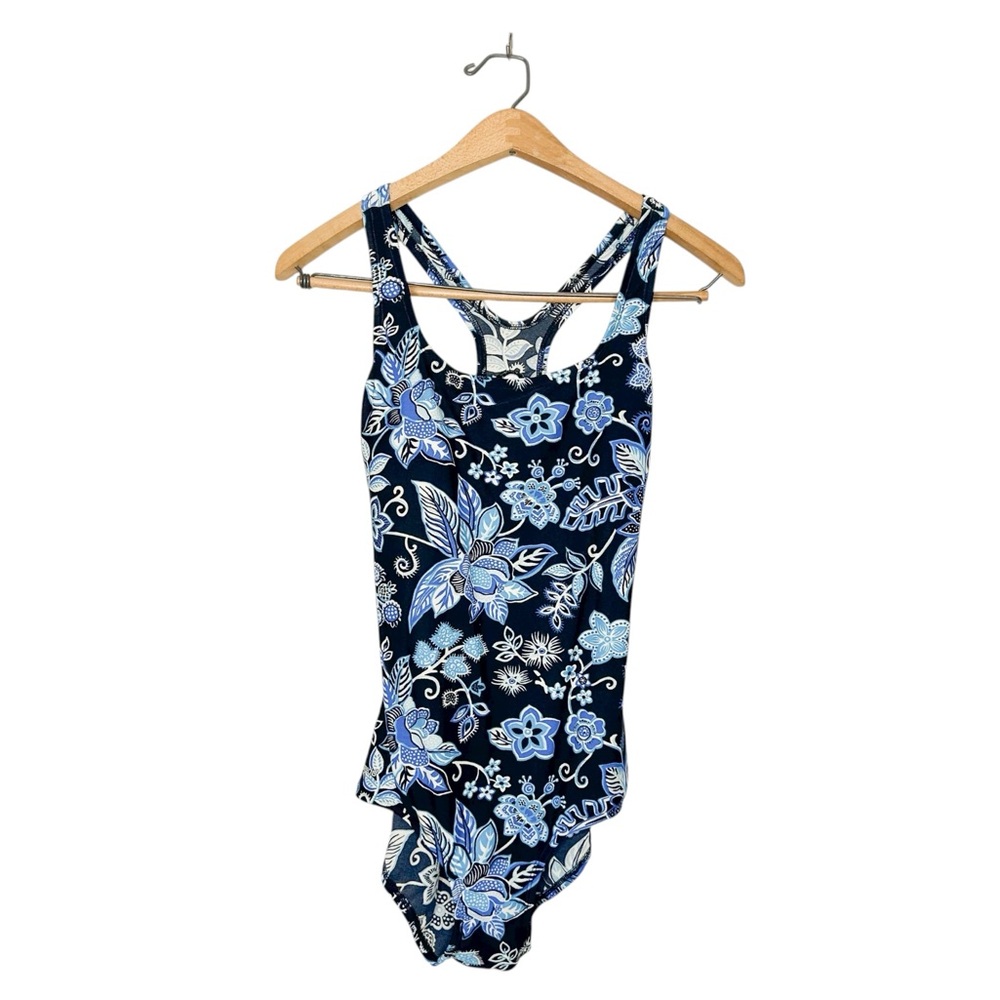 Speedo Womens Blue Floral Print One Piece Athletic‎ Swimsuit 10